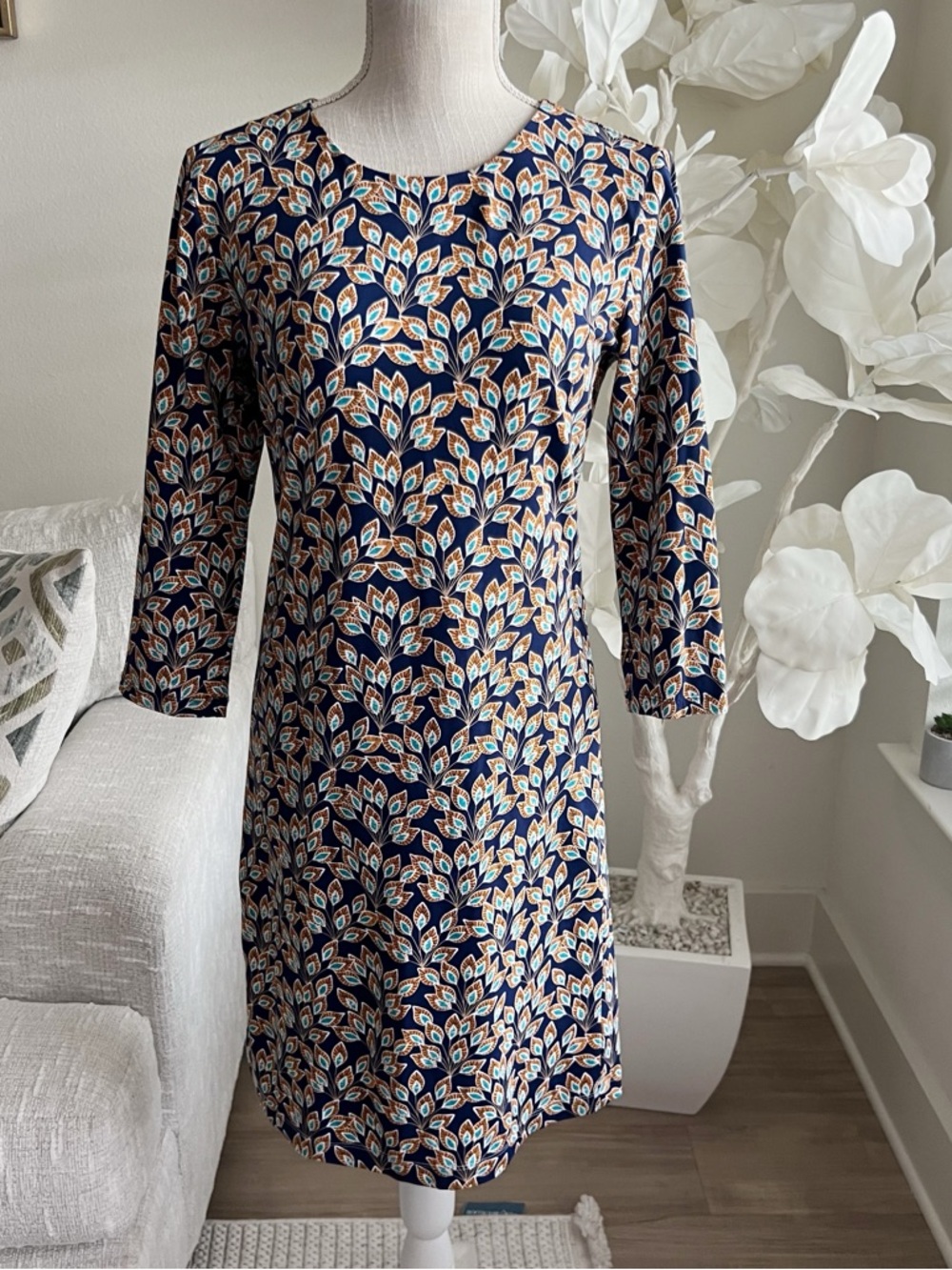 J. McLaughlin Sophia Shift Dress In Navy And Orange Peacock Long Sleeve Dress M